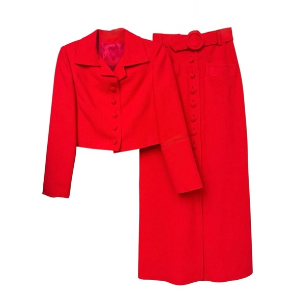 Vintage 60s 70s Skirt & Jacket Two Piece Set Sz XXS XS Red Wool Blend Retro Mod - Picture 1 of 12